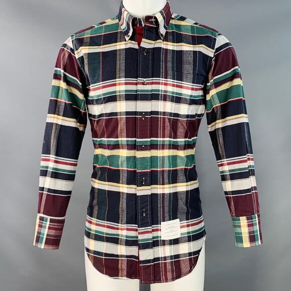 THOM BROWNE Size XS Multi Color Plaid Cotton One Pocket Long Sleeve Shirt - Picture 1 of 6